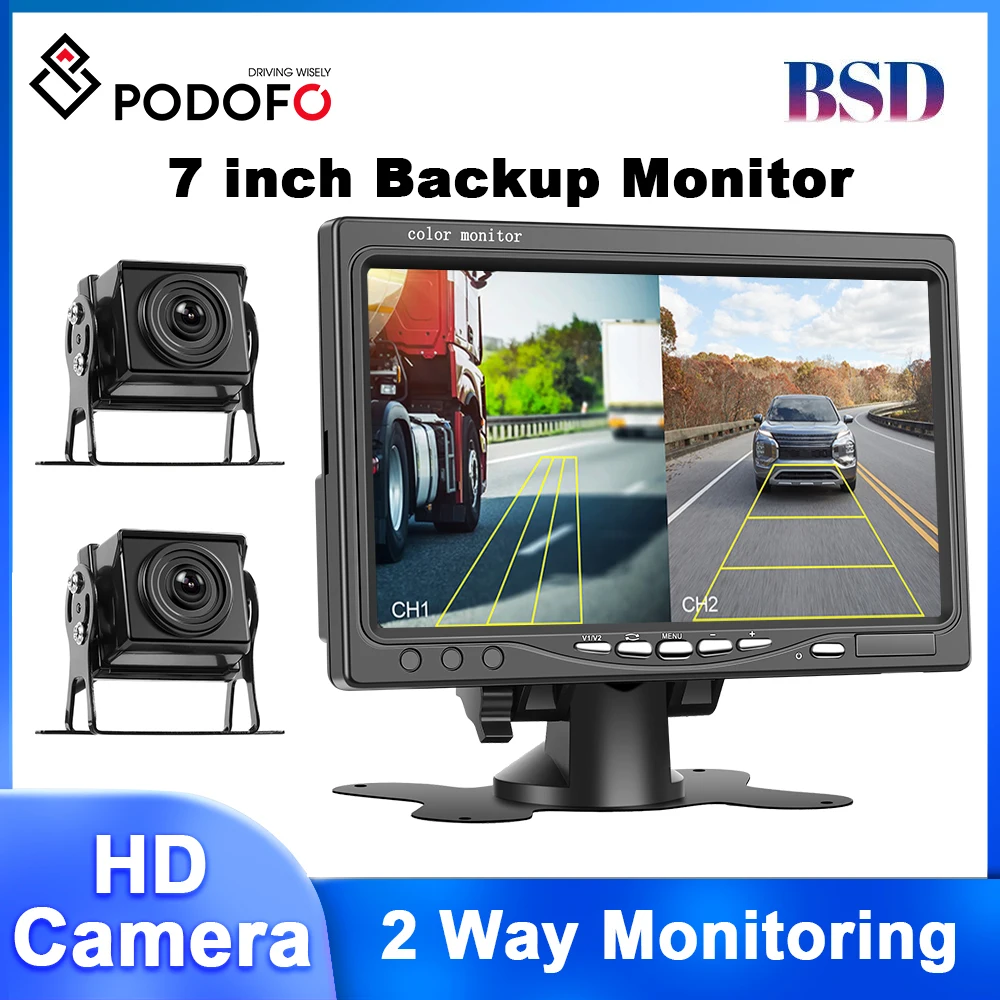 Podofo 7'' Reversing Monitor with Dual Rear View Cameras Car Monitor BSD Function Anti-interference Long Range IP68 Waterproof