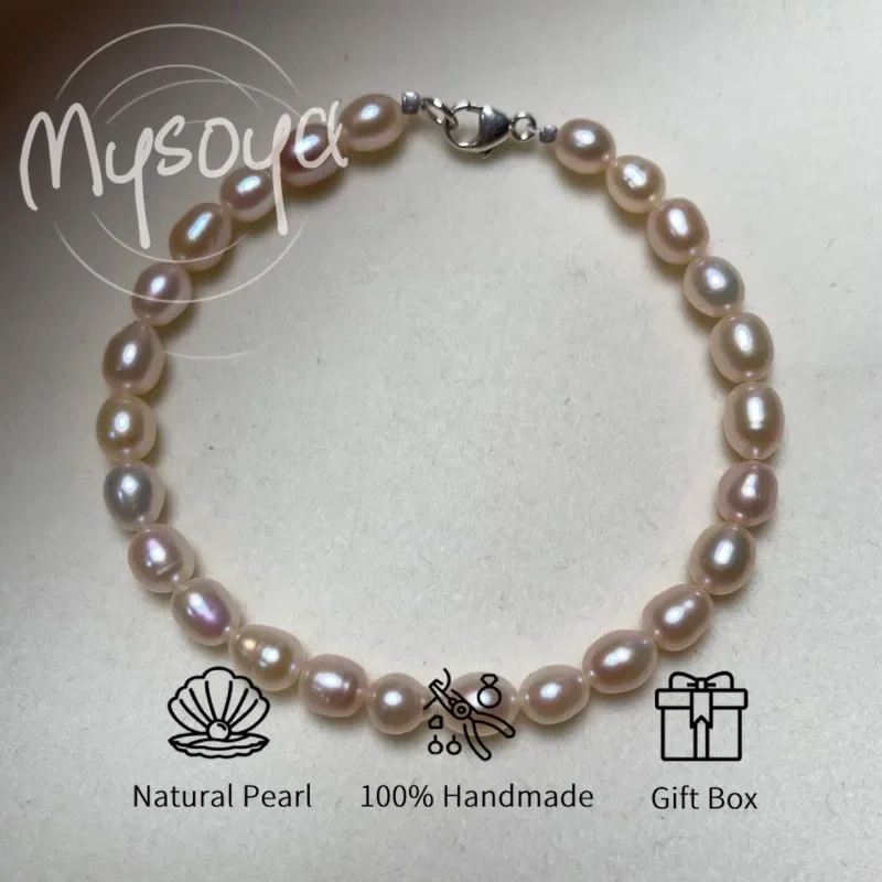 

MYSOYA розовый браслет из пресноводного жемчуга в форме риса 6-7 мм с подарочной коробкой для нее/нячего дня рождения/свадьбы/Рождества/новогодние подарки