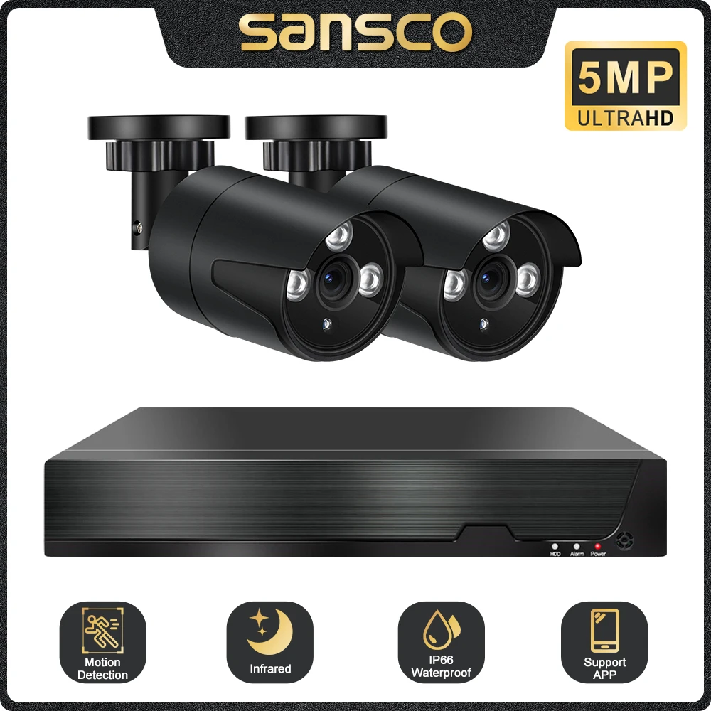 SANSCO 5 in 1 AHD Camera Kit 5MP Video Recorder Surveillance System Outdoor Security 4CH 5MP CCTV System Camera Email Alarm