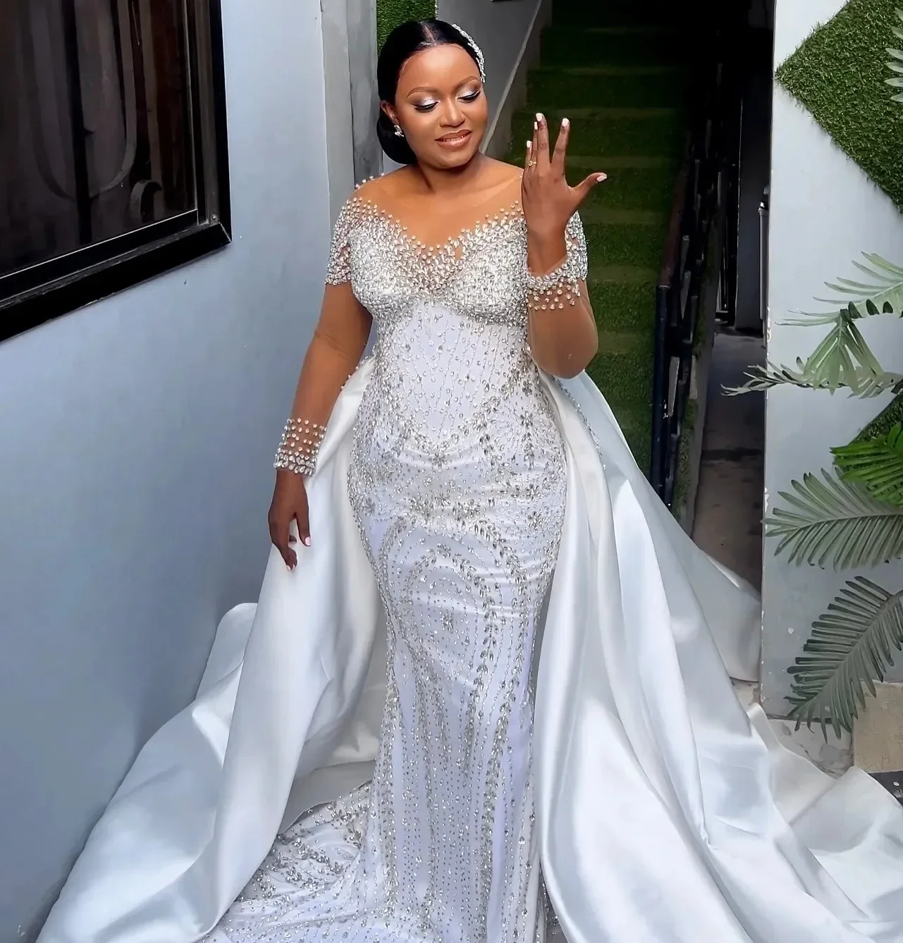 2026 Sparkly Crystals Beads Wedding Dress Removable Skirt Mermaid Bridal Gown Sheer Neck Sleeves Bride Dresses Vestidos De Noiva