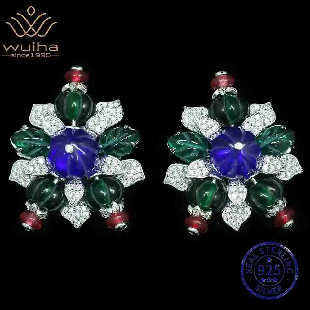 

WUIHA Vintage 100% 925 Sterling Silver Lab Sapphire Emerald High Carbon Diamond Gemstone Flower Earrings Ear Studs Fine Jewelry