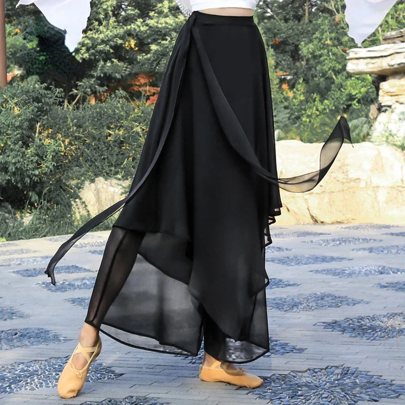 Chinese Folk Dance Classical Dancing Pants Women Loose Wide Leg Trouser 2 Layers Fairy Body Rhyme Dancewear Side Split Plus Size