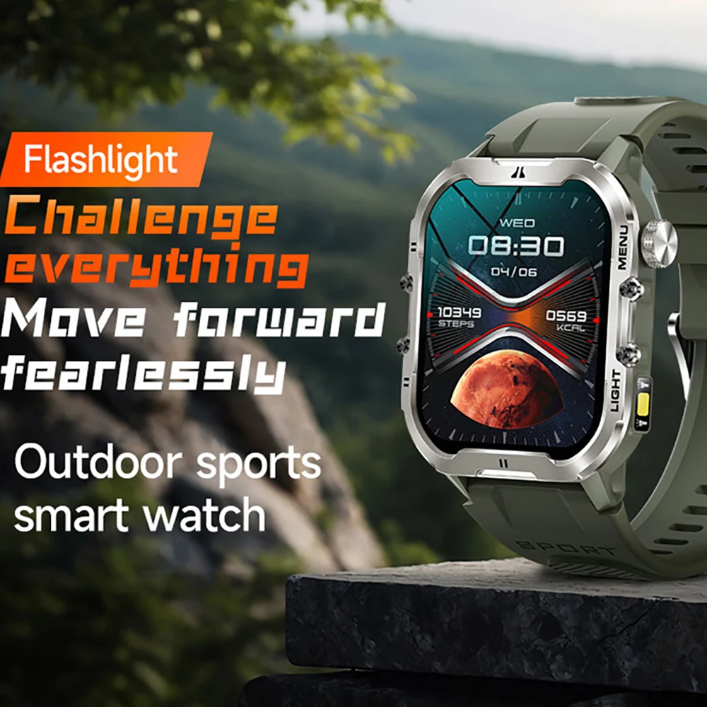 New Men Outdoor Flashlight Sports Smart Watch Health Body Temperature Monitor Smartwatch Blue Tooth Call Anti Fall 1.96" Screen