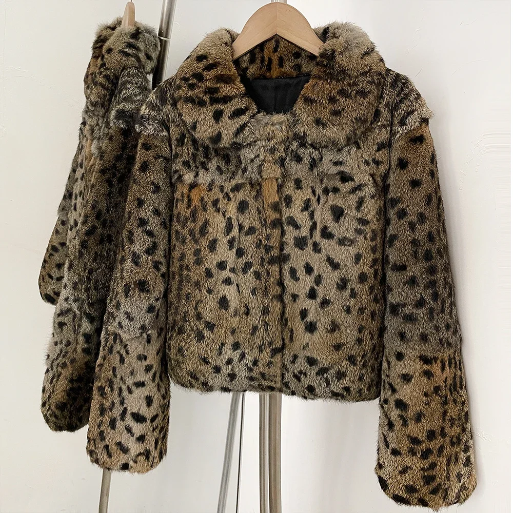OFTBUY Peter Pan Collar Short Winter Natural Rabbit Fur Jacket Women Leopard Print Real Rabbit Fur Coat New Clothes Warm Female
