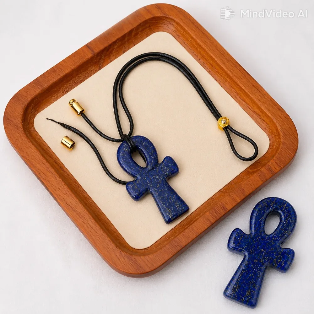 

Lapis Lazuli Ankh Cross Necklace, Copper & CZ Accent Adjustable Cord Pendant, Egyptian Inspired Jewelry for Men & Women