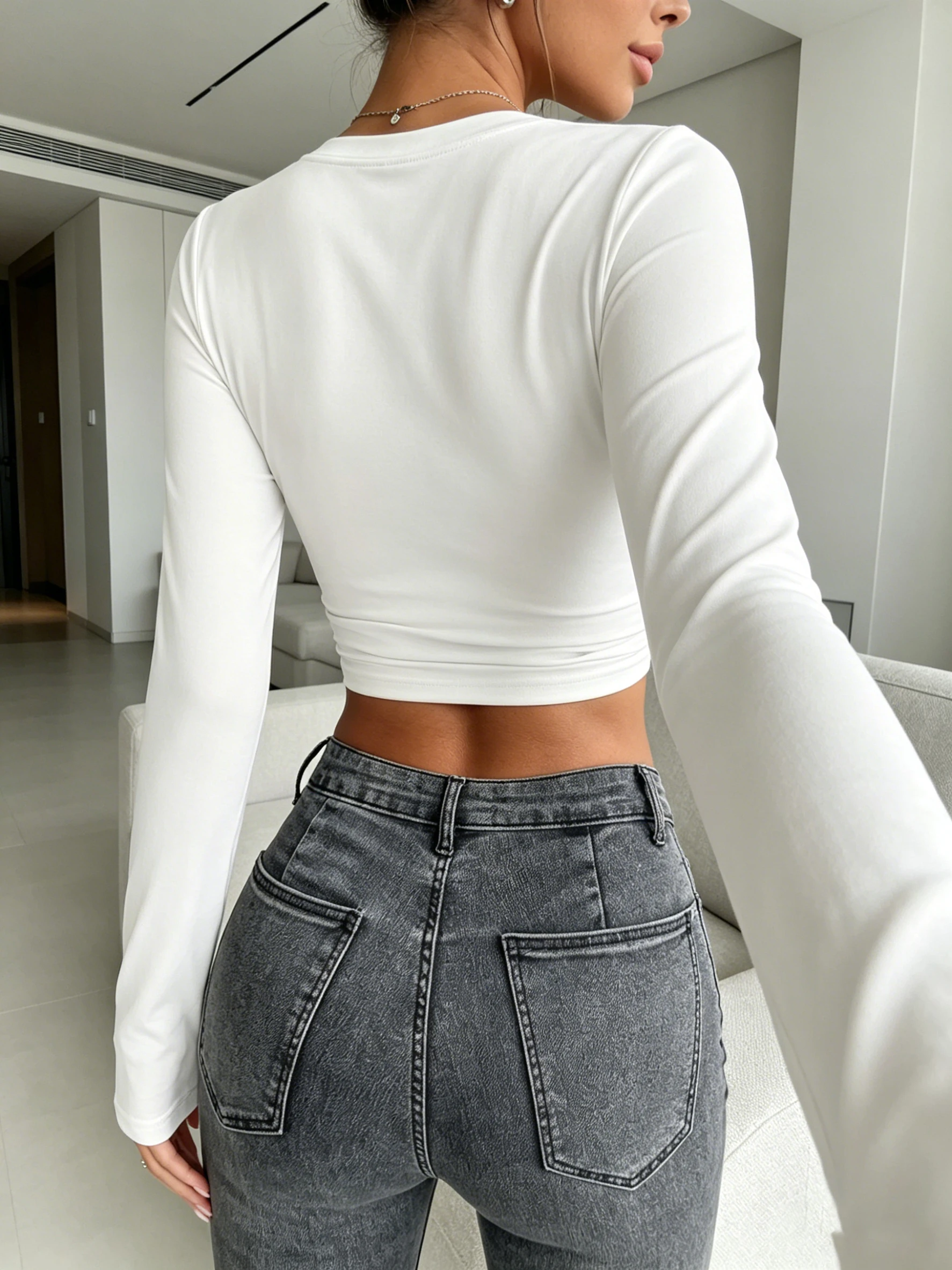 Langärmliges Damen-Oberteil mit Daumenlöchern, schmale Passform, Rundhalsausschnitt, einfarbig, Basic-T-Shirt, Y2K, lässiges Streetwear-Shirt – Detail 2