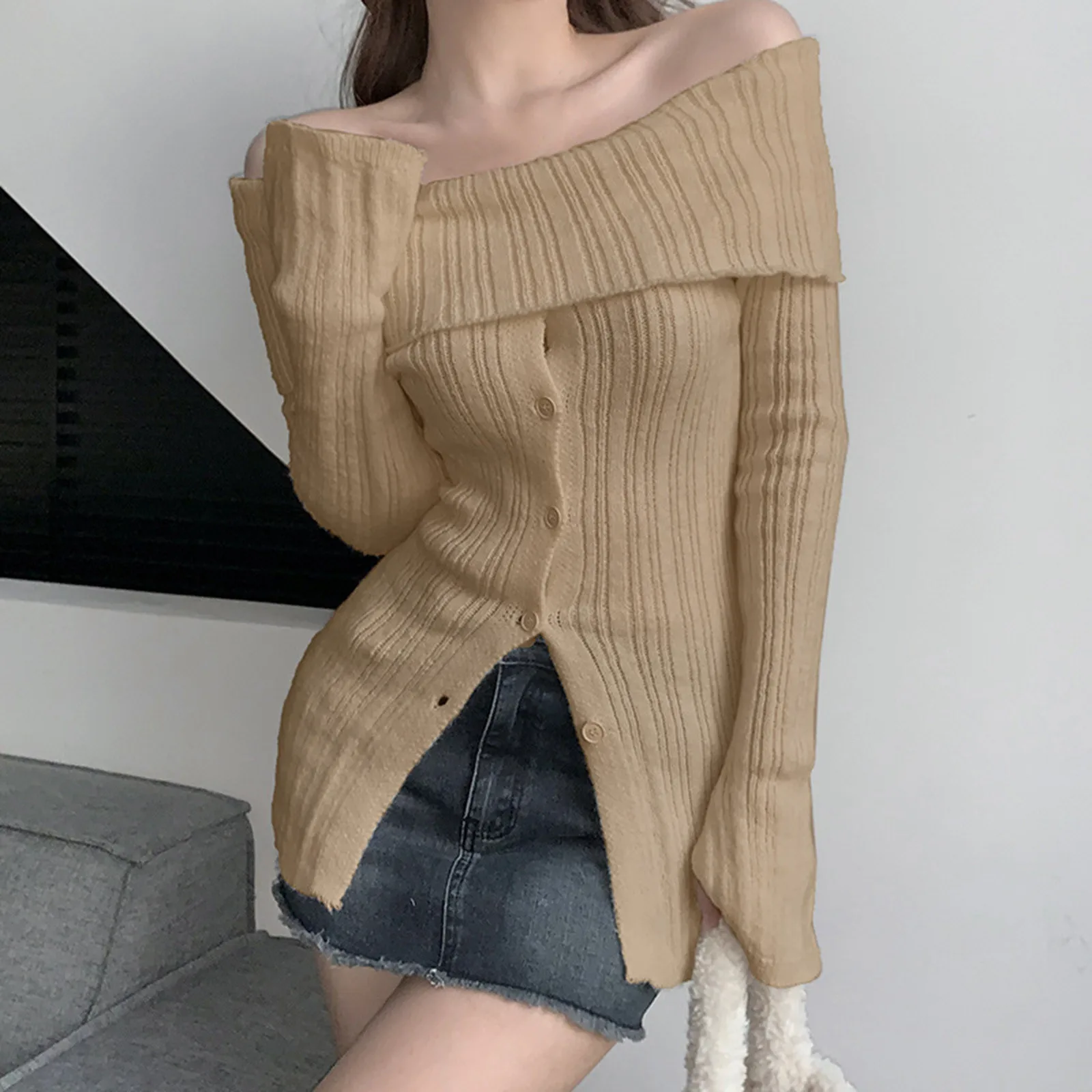 Sexy Womens Off The Shoulder Rib Knit Long Sleeve Sweater Women Spring Fall Casual Solid Button Sweater Streetwear Y2K Clothes