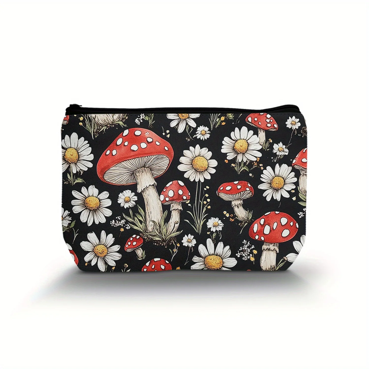1pc Cute Red Mushroom & Daisy Print Makeup Bag, Casual Style, Polyester, Hand Wash, Ideal Gift for Friends & Sisters
