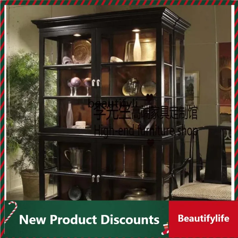 LTL French solid wood black glass door side cabinet, American rural pastoral living room oak bookcase display cabinet D80