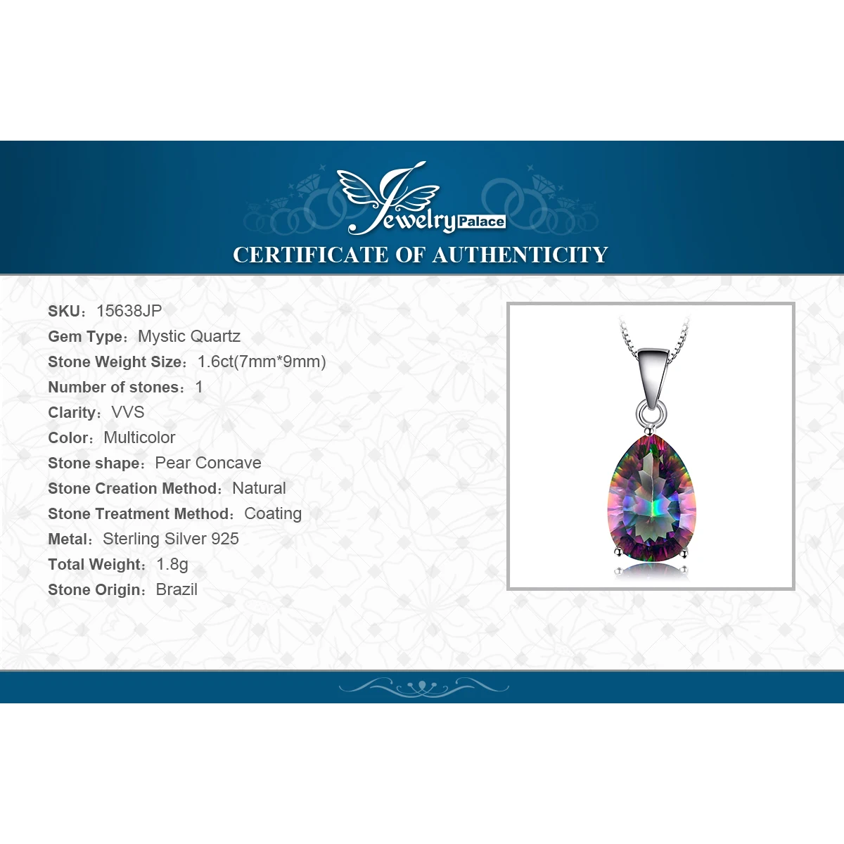 JewelryPalace 5ct Natural Rainbow Mystic Quartz 925 Sterling Silver Pendant Necklace for Woman Fashion Gift No Chain New Arrival