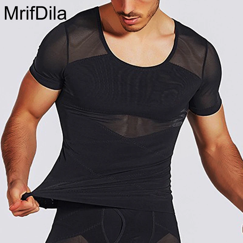 MrifDila U Neck Chest Belly Compression Shirt Men's Slimming Tight Hide Boobs Breathable High Elasticity Sweatwear Body Shaper