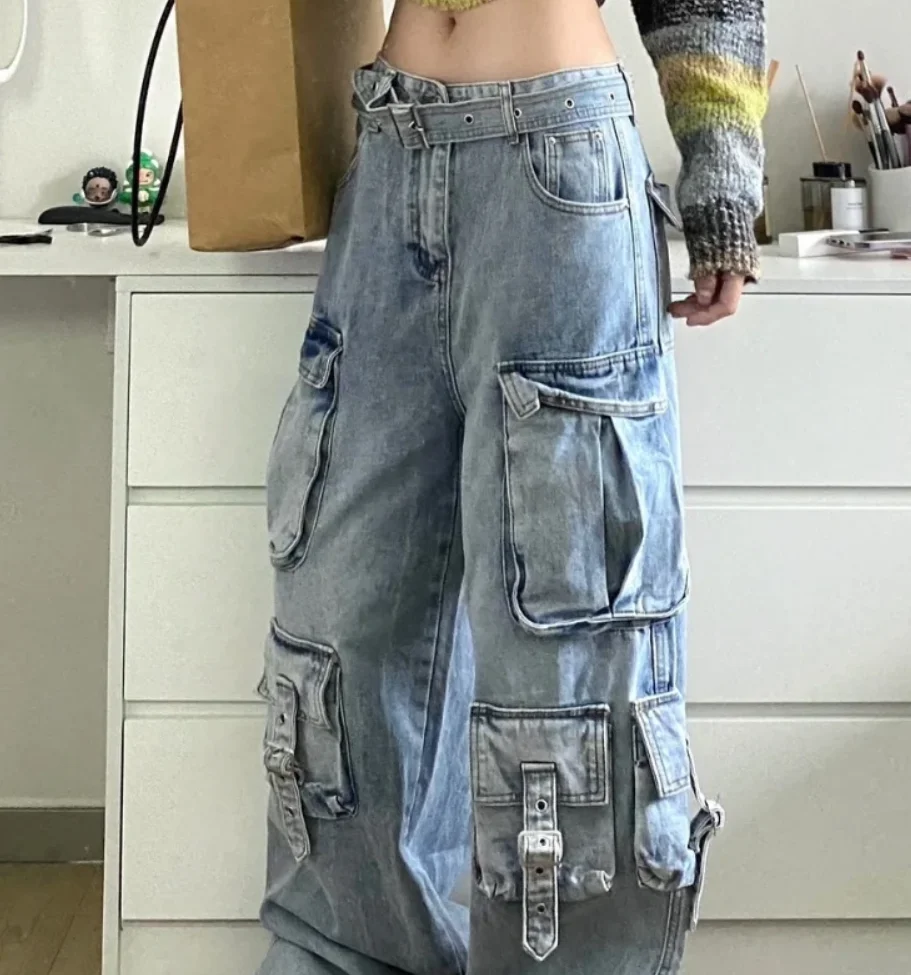 Jeans de mujer de mezclilla desgastados con múltiples bolsillos, estilo Y2K, pantalones cargo streetwear, casuales, de cintura alta, con cierre de cremallera, para invierno, con efecto degradado, estilo Mom Jeans
