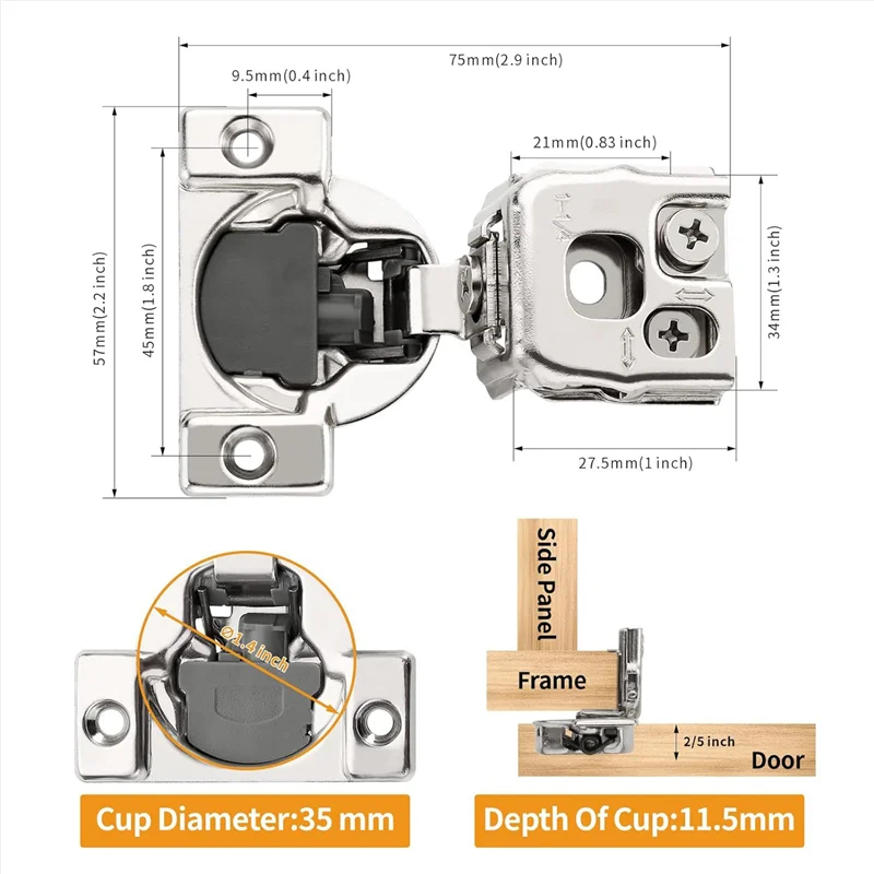 A55F-10 Pack 1-1/4 Inch 3D Overlay Soft Close Concealed Hinges Parts For Face Frame Door, Control Closing Speed,105° Open Angle