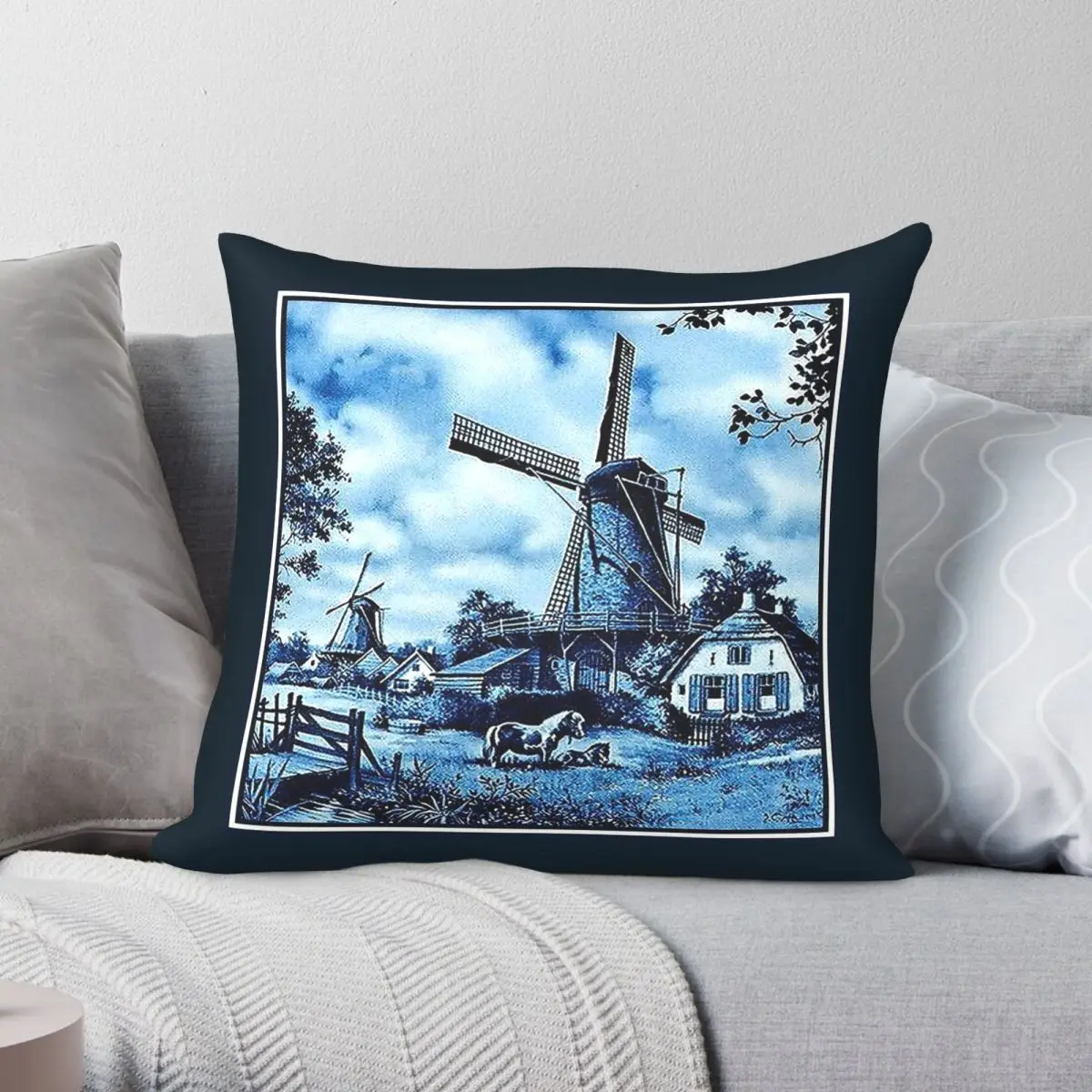 Dutch Delft Blue Windmills Square Pillowcase Polyester Linen Velvet Pattern Zip Decor Pillow Case Sofa Cushion Cover