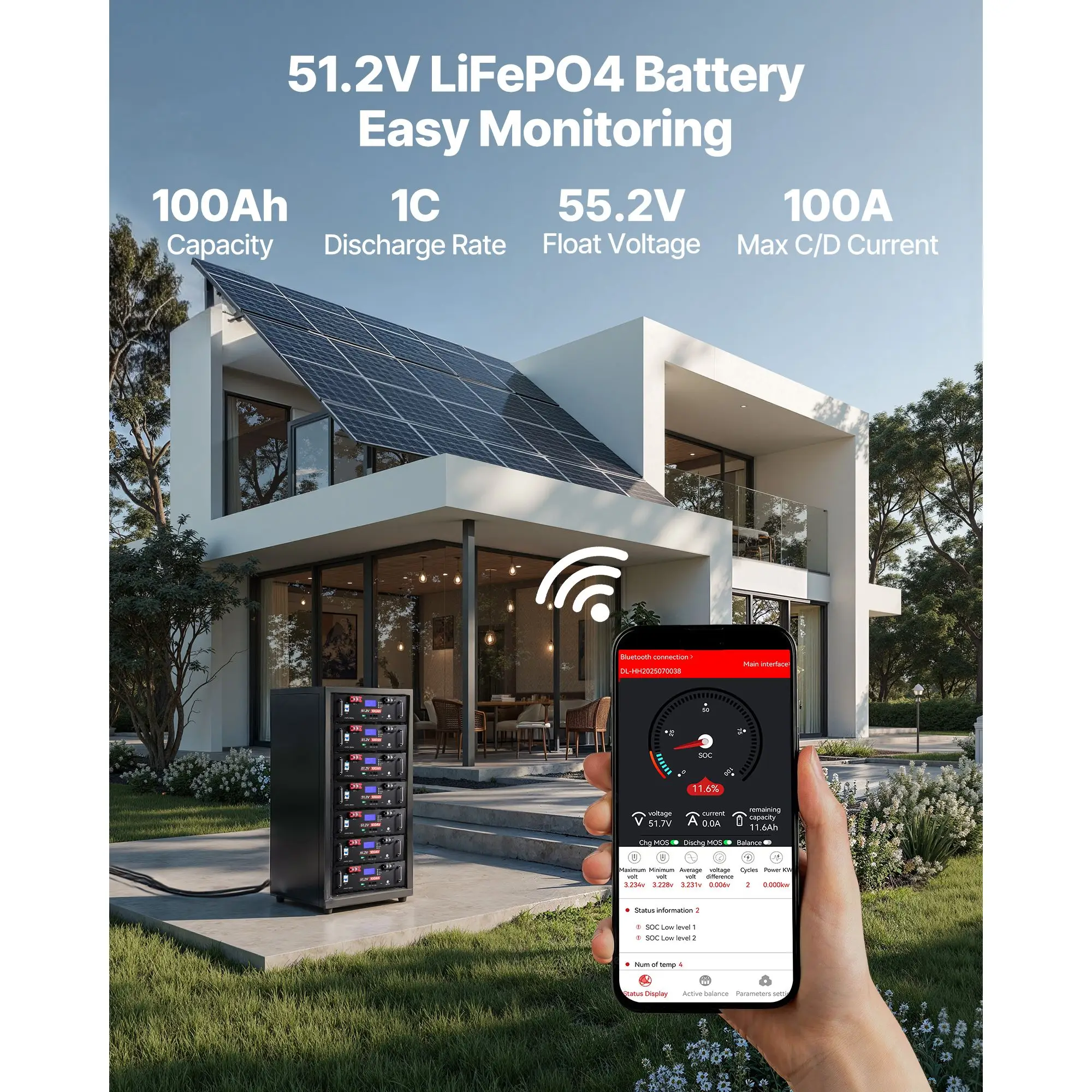 48V 200Ah LiFePO4 Lithium Battery, 2 Pack 100Ah, 10.24KWh Capacity, 51.2V Server Rack LiFePO4 Battery with Bluetooth, Max 6000