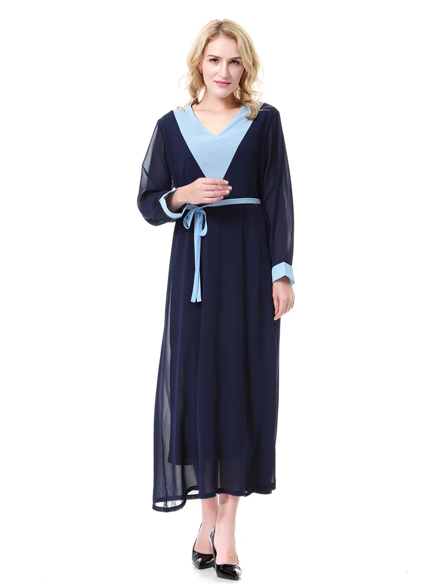 Medio Oriente Musulmano 2025 Nuove Donne di Modo con codice di Colore Casual Alla Moda Allentato Elegante Scollo A V Manica Lunga Telai Abiti Femminili