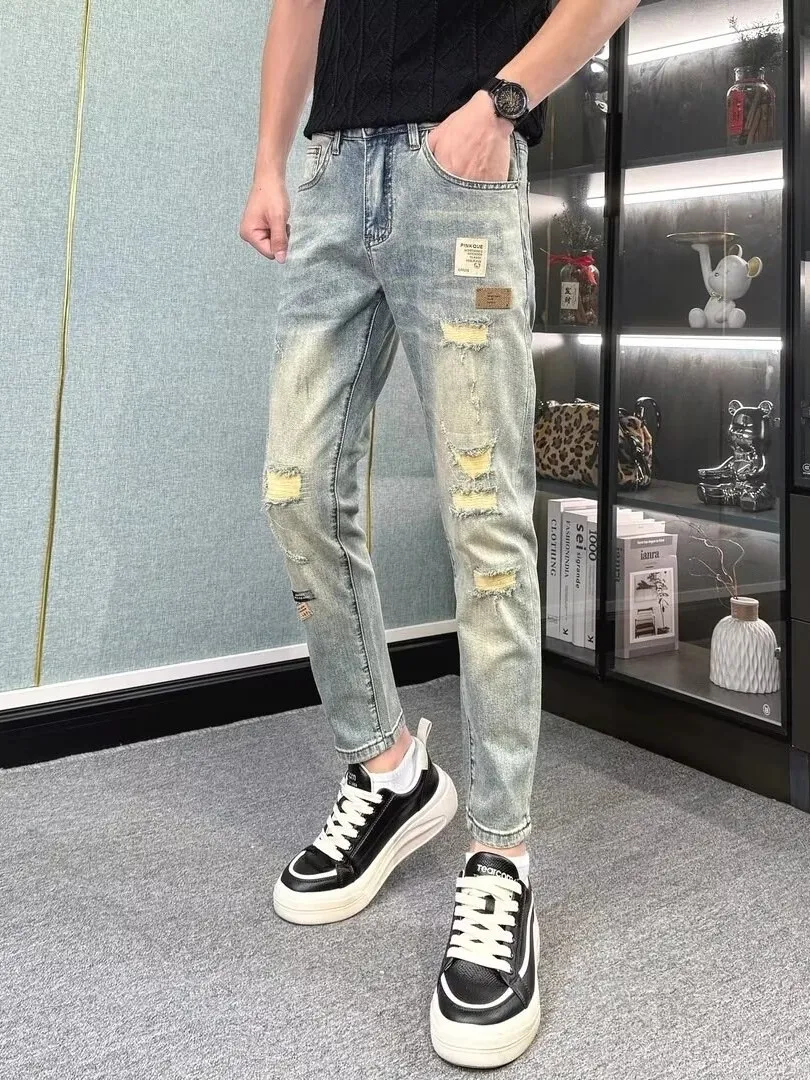 Retro Vintage Men's Denim Jeans Early Autumn Lightweight Luxury High Waist Stretchy Casual Wear Resistant High Rise Slim Fit
