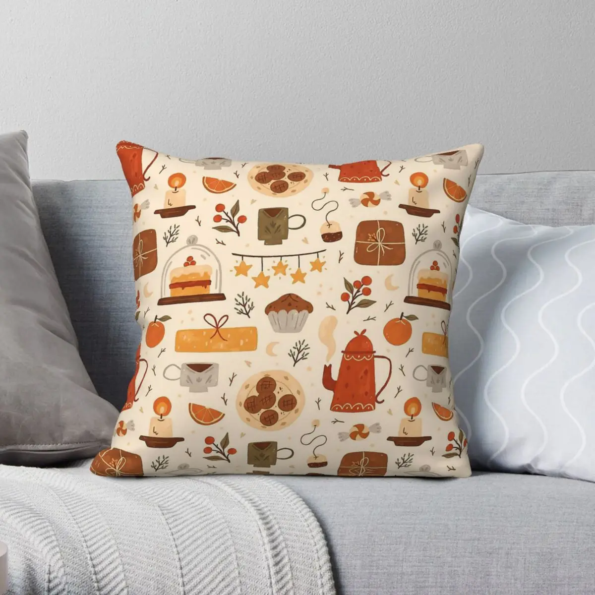 Festive Tea Time Square Pillowcase Polyester Linen Velvet Creative Zip Decor Room Cushion Cover