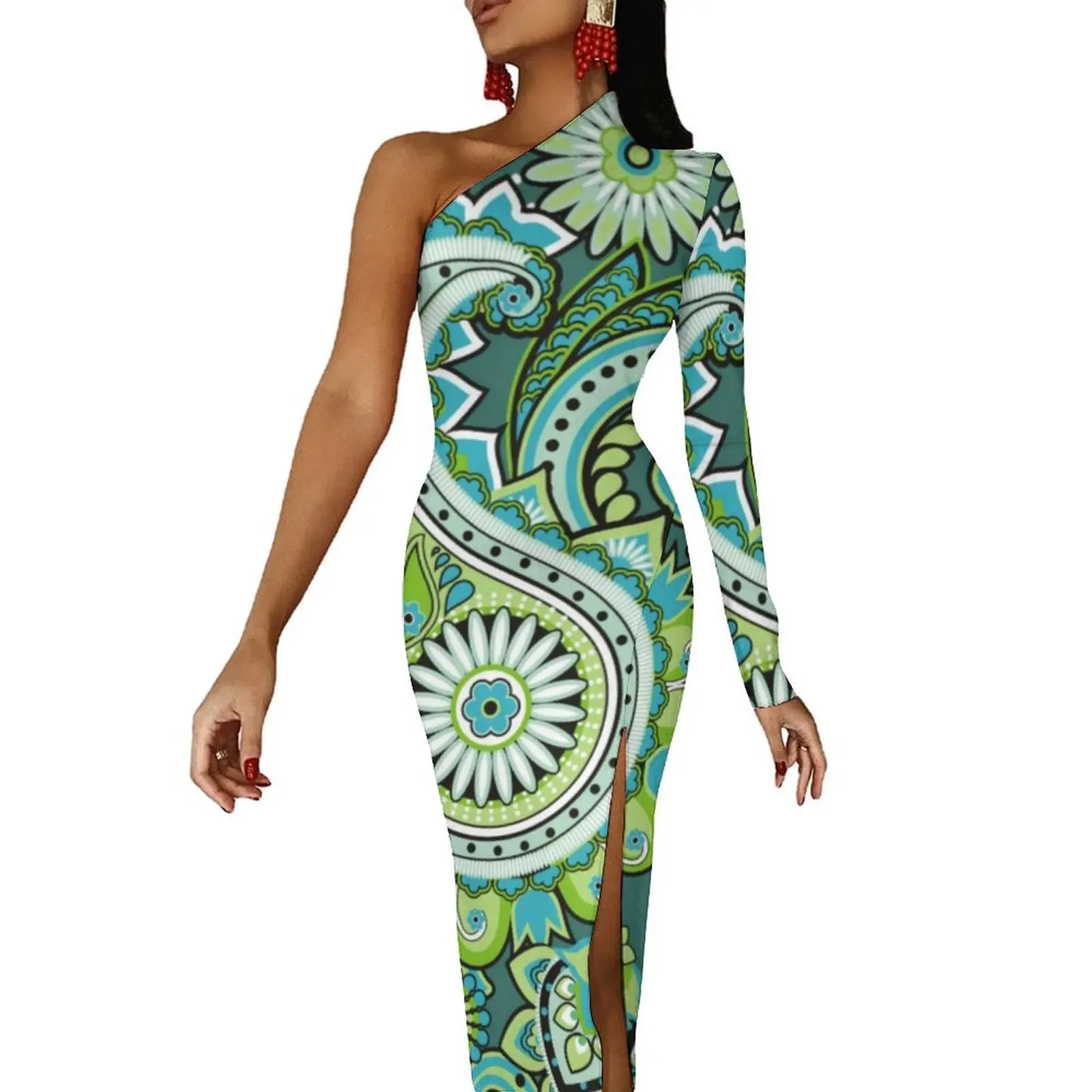 

Cute Paisley Print Maxi Dress Long Sleeve Retro Floral Retro Bodycon Dress Autumn Aesthetic Long Dresses Female Graphic Clothing