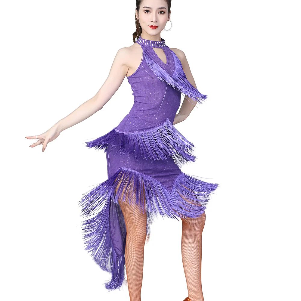 Lady Halter Off Shoulder Dress Fringe Bodycon Dress Women Latin Dance Performance Dress Dancewear Shiny Party Dress