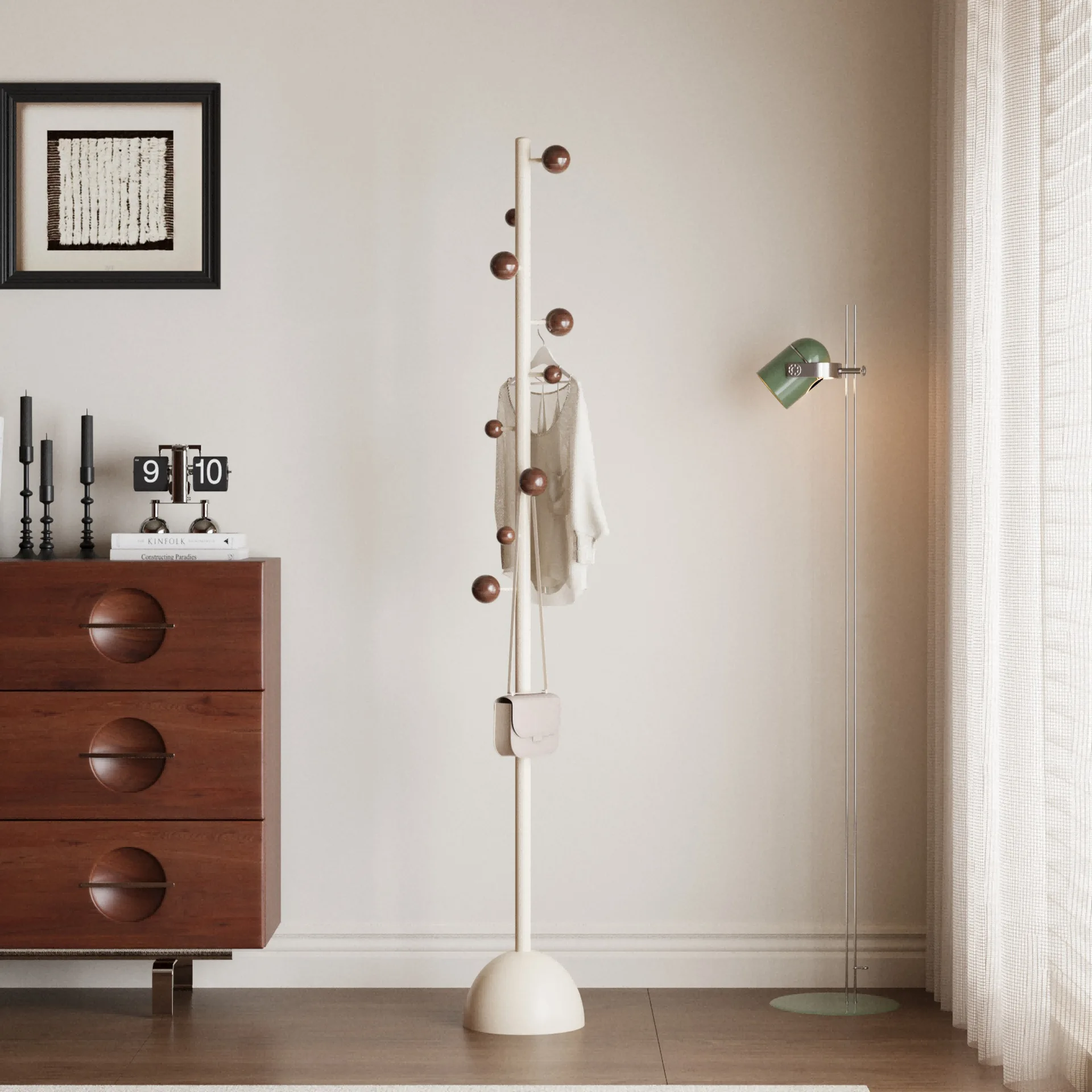 French retro coat rack floor-to-ceiling hanger solid wood column bedroom antique simple