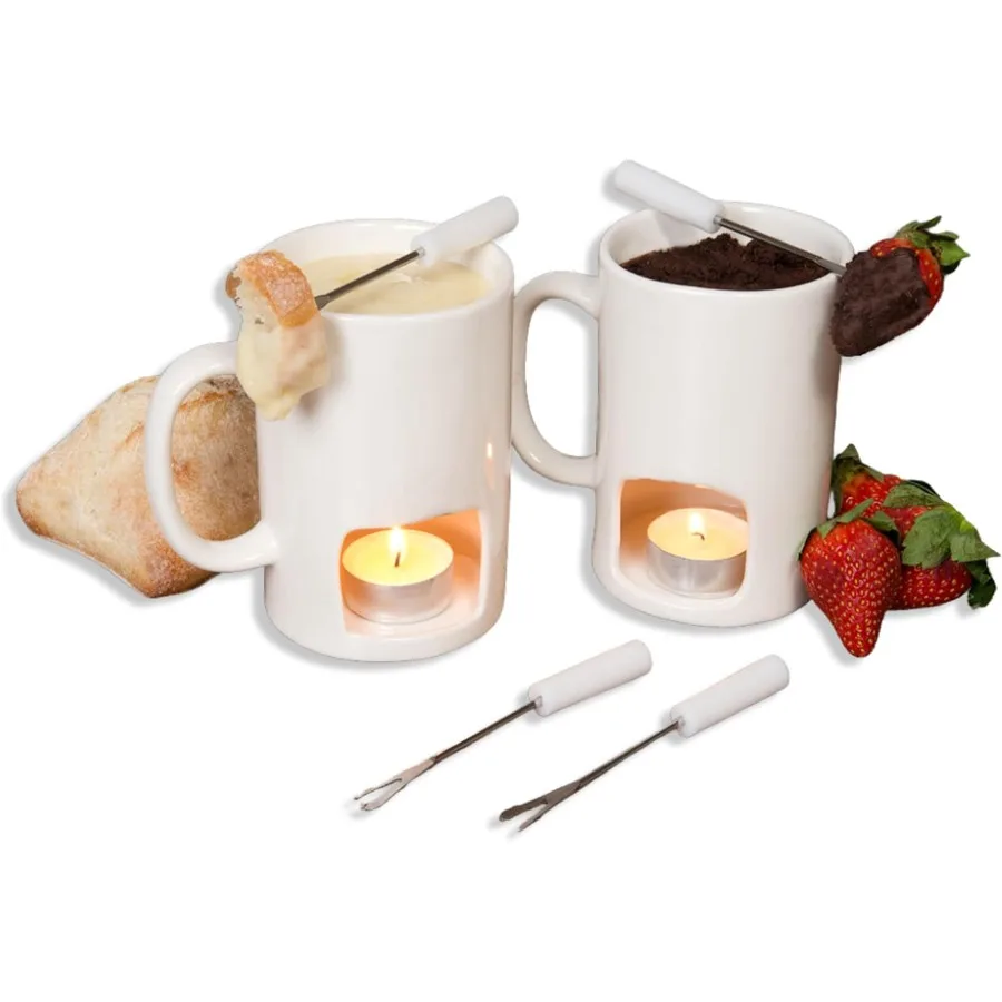 

Evelots Fondue Pot Set for Chocolate Cheese and Candy 2 Pack Mini Ceramic Fondue Mugs with 4 Forks and 8 Candles Perfect for Ro