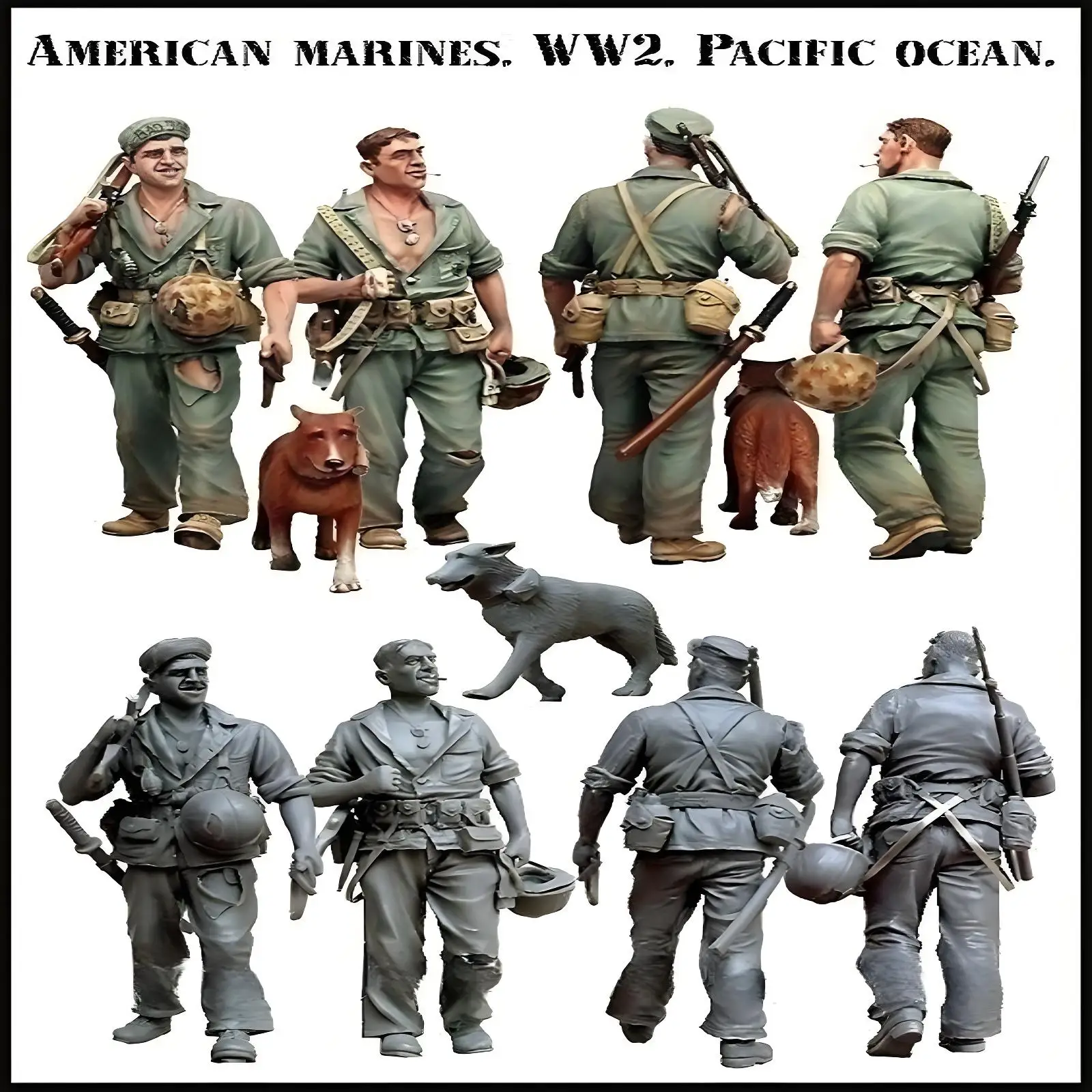 1/35 Soldier Resin Model,WWII Marines(Two plus a dog),Military Themes,Unassembled and Unpainted Kit,In stock