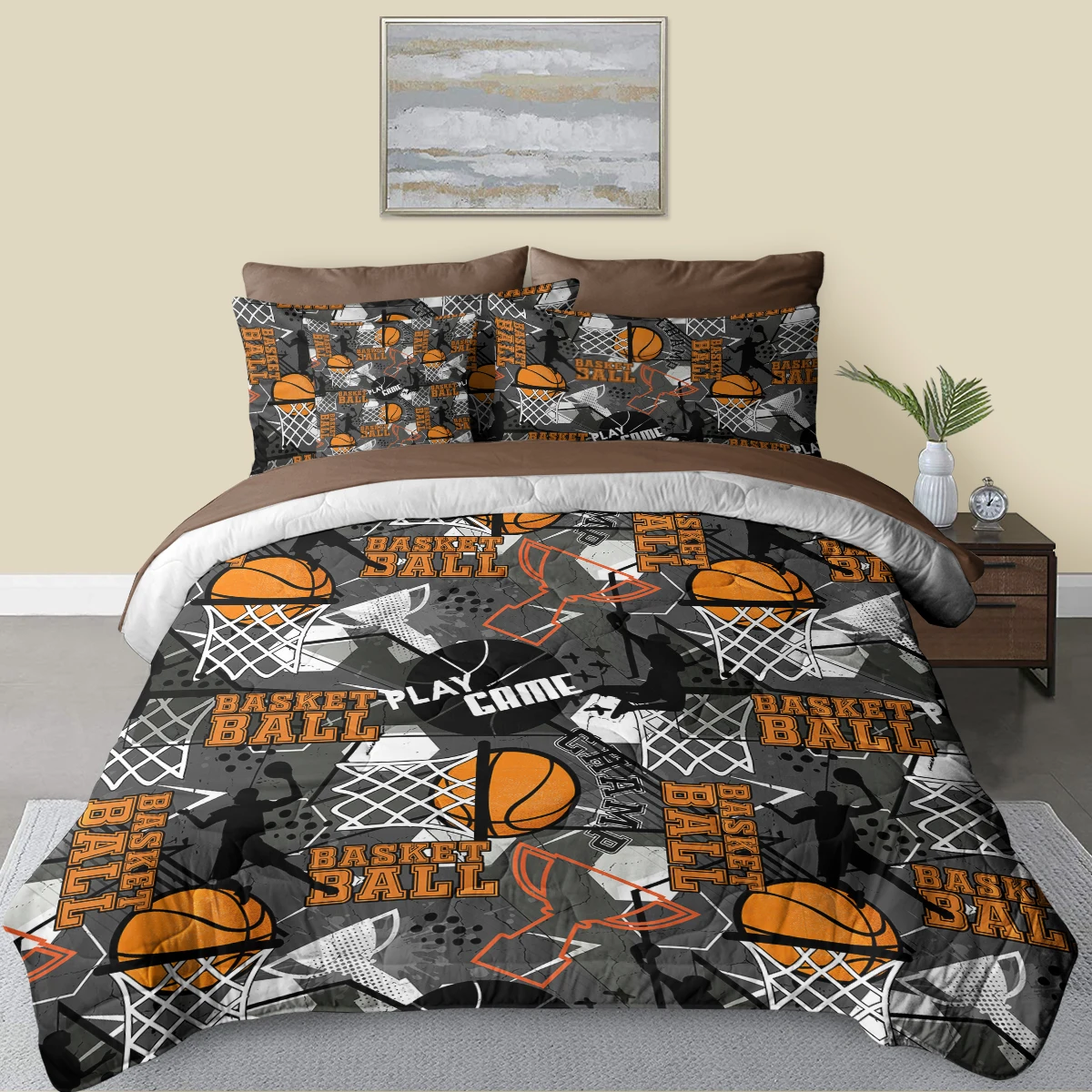 8 Pcs Sports Blanket Printed with basketballs and trophies Bedding Set Bed in A Bag with Comforter and Sheets Bedroom Set