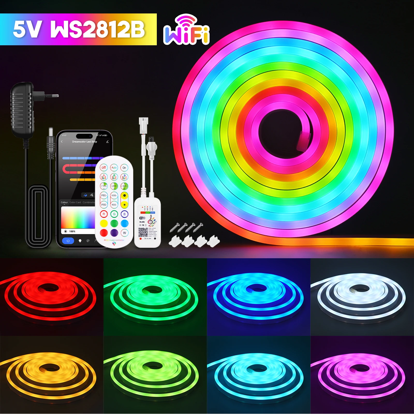 Imagem -02 - Rgb Sonho Cor Neon Led Strip Ws2812b dc 5v Ip67 Impermeável Wifi Bluetooth Controle App Home Decor Fita Flexível Corda