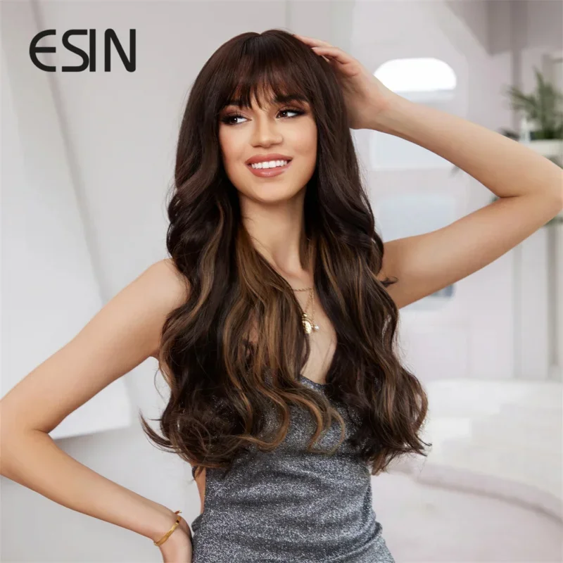 ESIN Synthetic Hair Long Water Wave Curly Brown With Light Color Wig Middle Part Wigs For Women Natural Party Heat Resistant