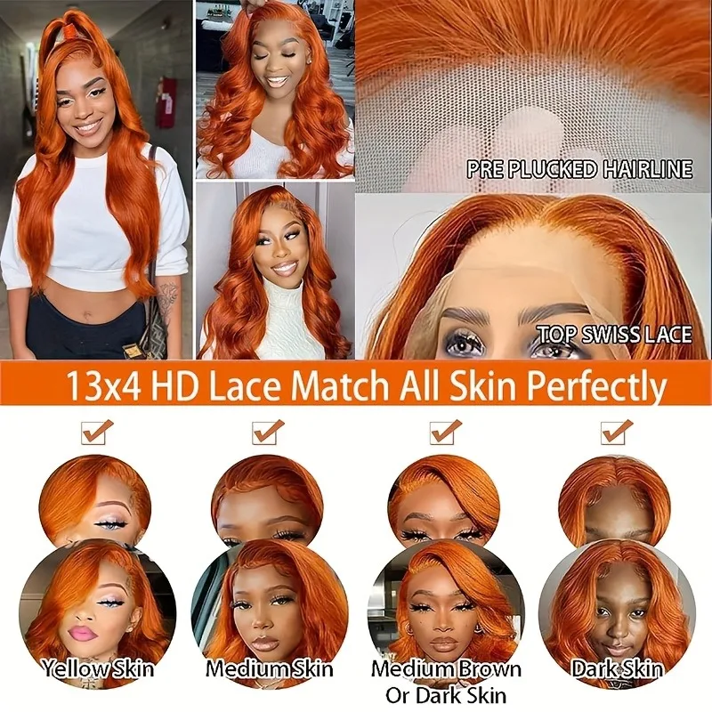 Peluca delantera de encaje HD 13x4.1 naranja jengibre # El cabello humano brasileño de las pelucas coloreadas de la onda del cuerpo 350 pre desplumaron el cordón sin cola del cabello humano Fro