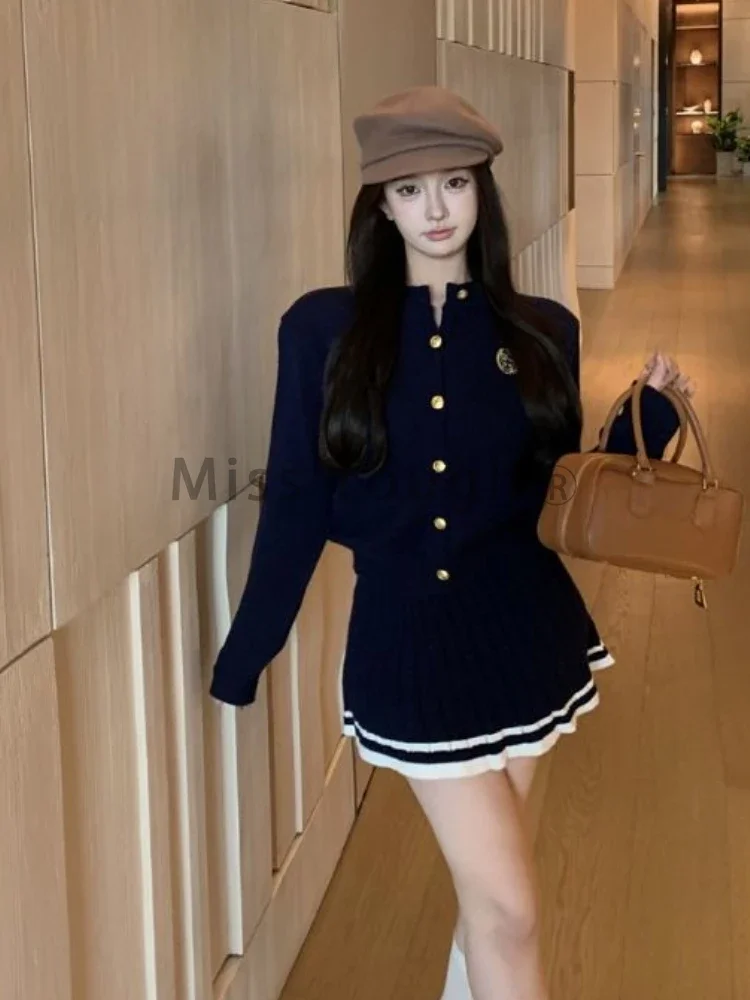 Preppy Style Elegant Knit Skirt Suit Women Sweet Red Long Sleeved Sweater Pleated Skirt Fashion New Two Piece Set Autumn Winter