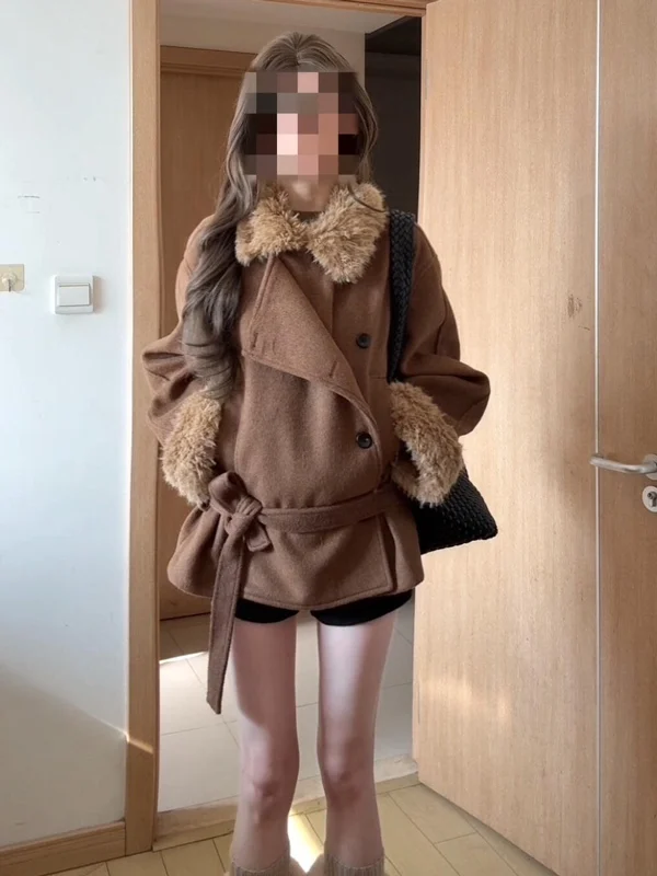 

Women's Vintage Soft Sle Belted Waistcoat Winter Faionable Outerwear Woolen Coat Korean Version Loose Fit Long Sve