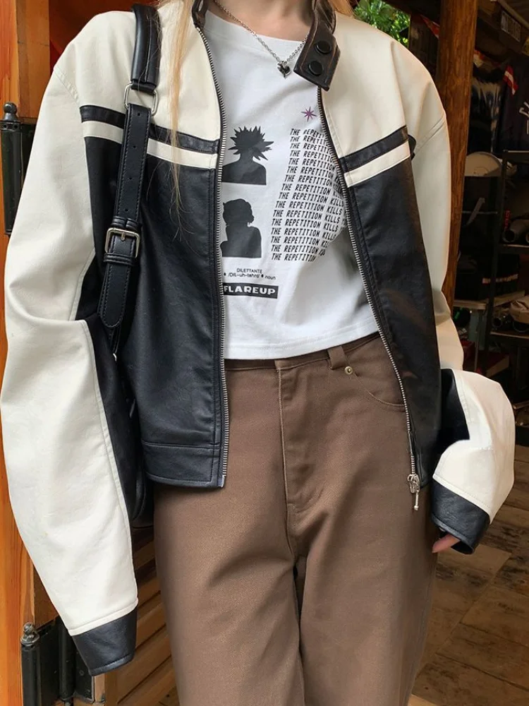 Y2k Vintage PU Leather Jacket Womens White and Black Contrast Baseball Fashion Jackets Loose Harajuku Female Punk Coat