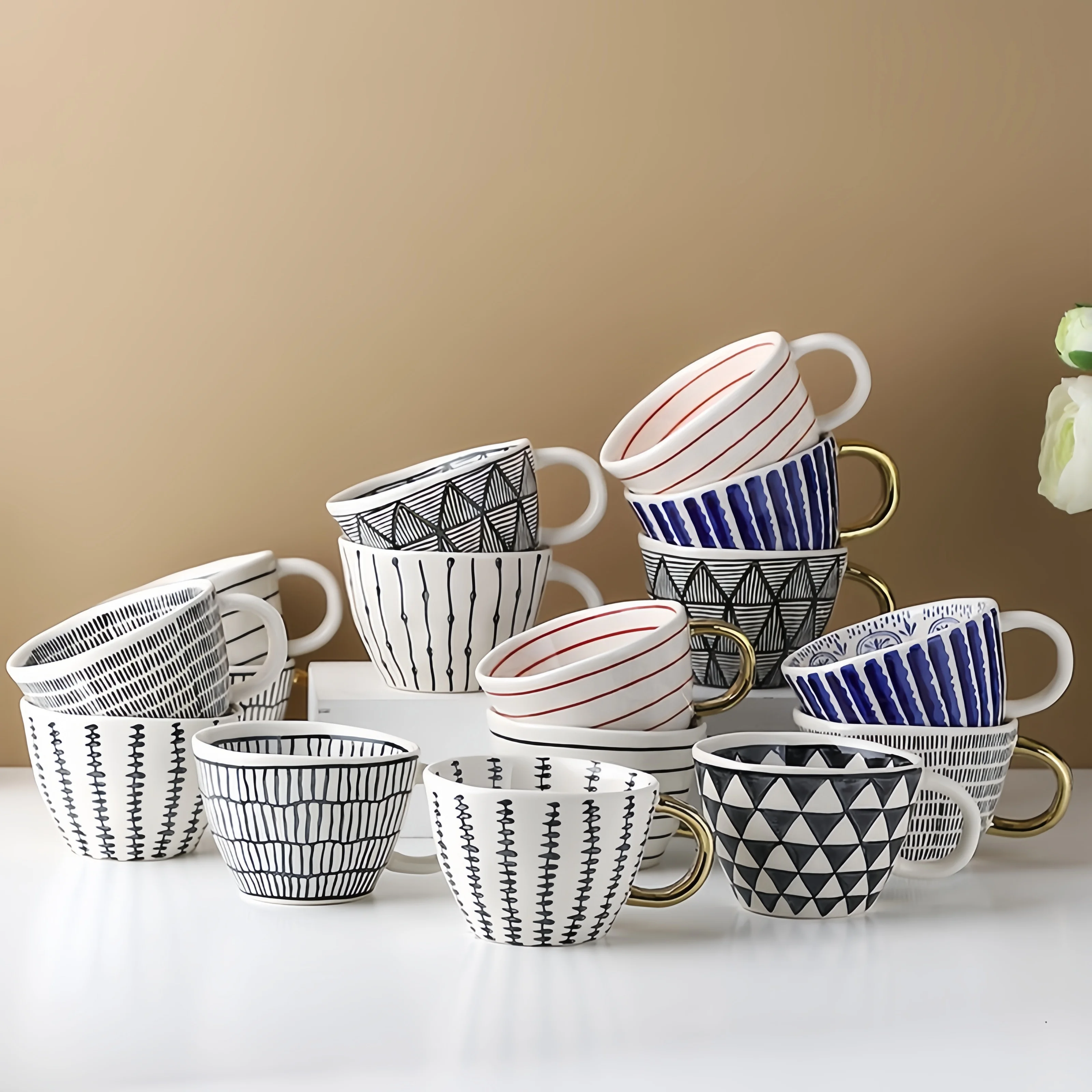 Deep clearance sale Geometric Ceramic Mug Gold Handle Coffee Cup Large Capacity Milk tea cup mug gift