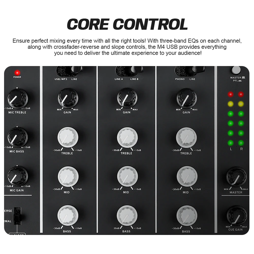 DGNOG M4 USB 3-Kanal-DJ-Kratzmischer mit integriertem Audio-Interface, 3-Band-EQ-Mikrofoneingang und austauschbarem Crossfader