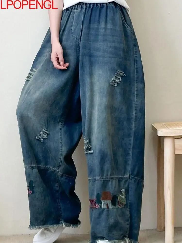 

Ethnic Style Spring 2024 Vintage Ripped Embroidered Elastic Waist Jeans Woman Washed Loose Straight Streetwear Wide-leg Pants