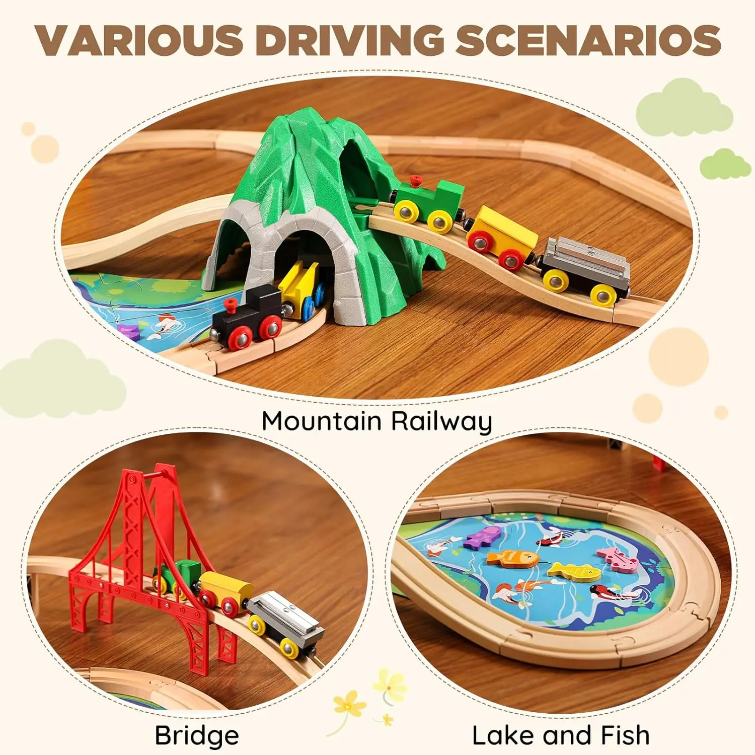 유아용 112피스 나무 기차 세트 - 양면 기차 트랙, 남아 및 여아를 위한 완벽한 나무 장난감