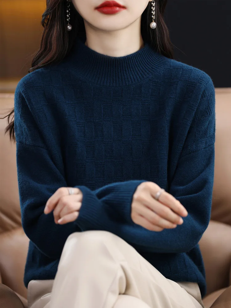 Addonee Autumn Winter Women Sweater 100% Merino Wool Long Sleeves Mock Neck Casual Warm Knitted Jumper Female Clothing Tops
