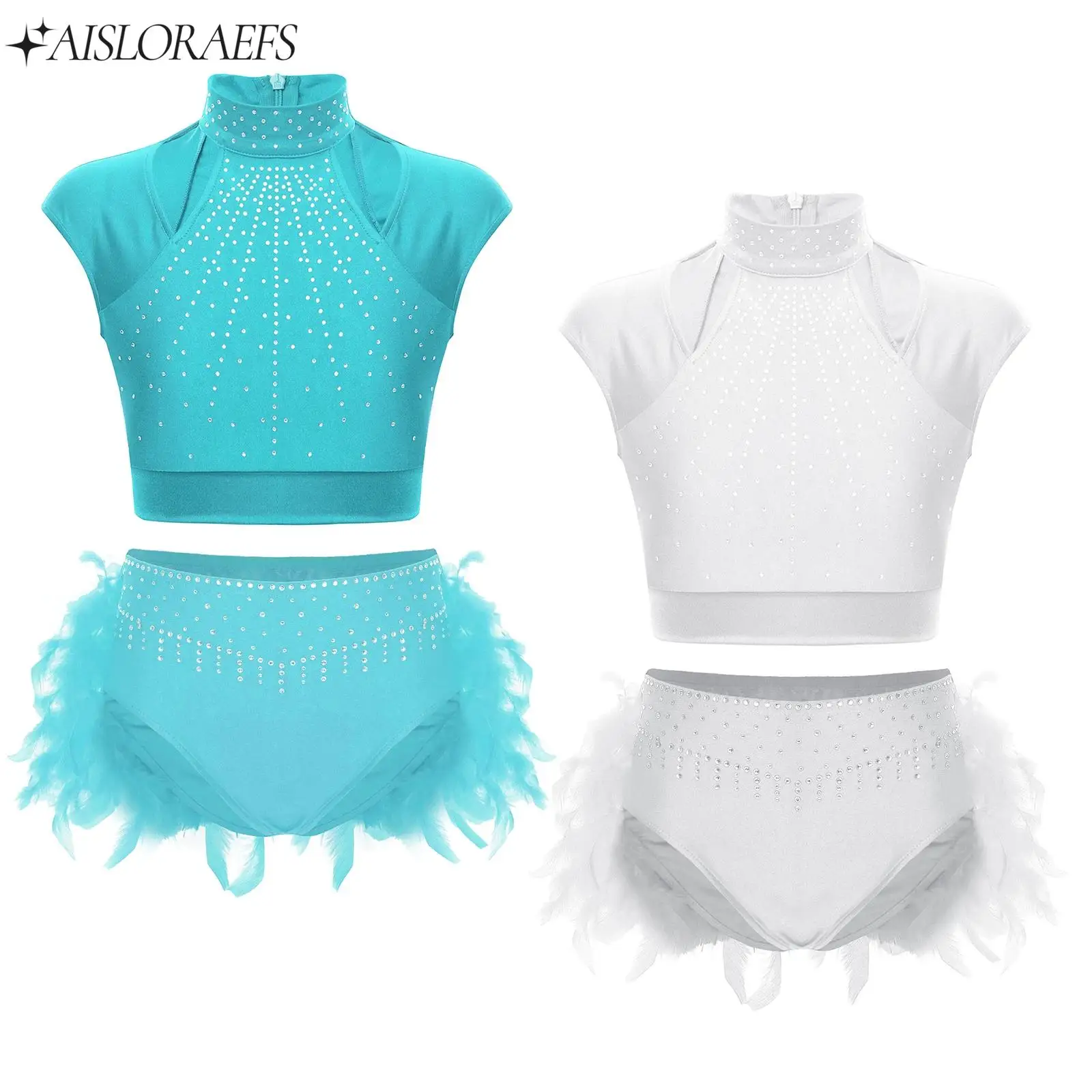 

Kid Girl Ballet Dance Outfit Figure Skating Gymnastics Costume Sleeveless Rhinestones Crop Top with Skirts Party Performance Set