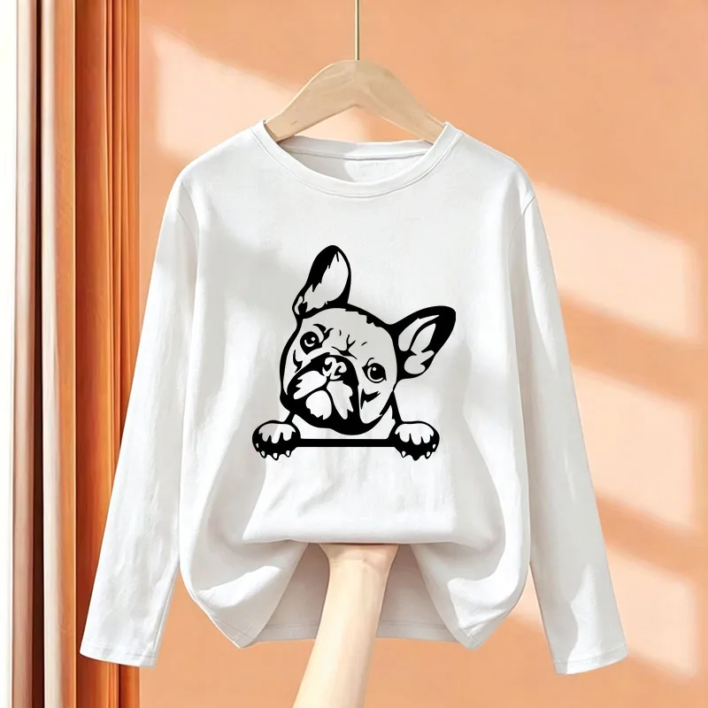 Graphic Long Sleeve Kawaii French Bulldog Print T Shirts Kids Children's T-shirt Boys Girls Casual Top Tee Shirt Autumn Winter