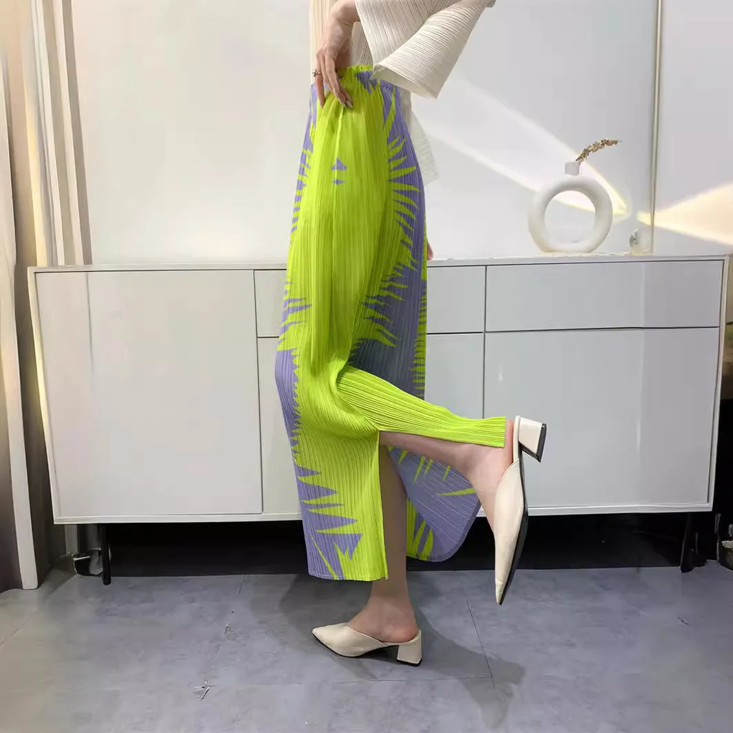 Miyake Plissierter Halbrock 2025, Sommer, neu, bedruckt, geteilt, bequem, lässig, lang, hohe Taille, schmaler Faltenrock