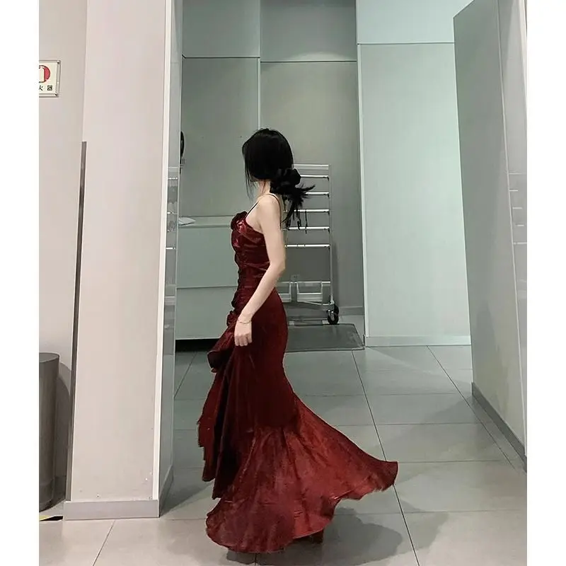 Red Rose Vintage Long Dress Women 2024 Summer Slim Mermaid Spaghetti Strap Floral Dress Female Elegant Sexy Evening Party Dress