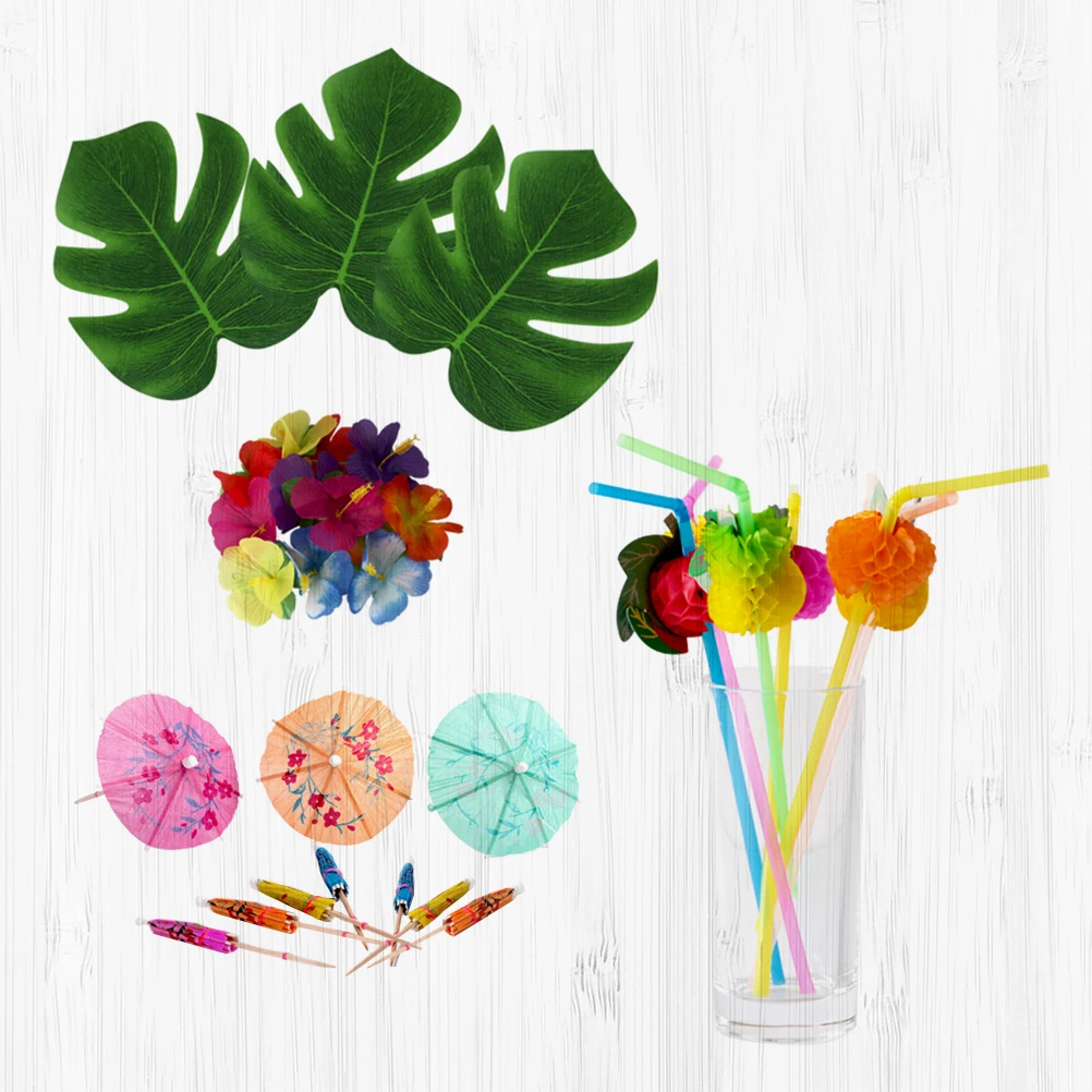 

108 pcs Hawaii Themed Table Supplies Party Decoration Set Turtle Leaves Hibiscus Flowers Straws Fruit Toppers Wedding Summer