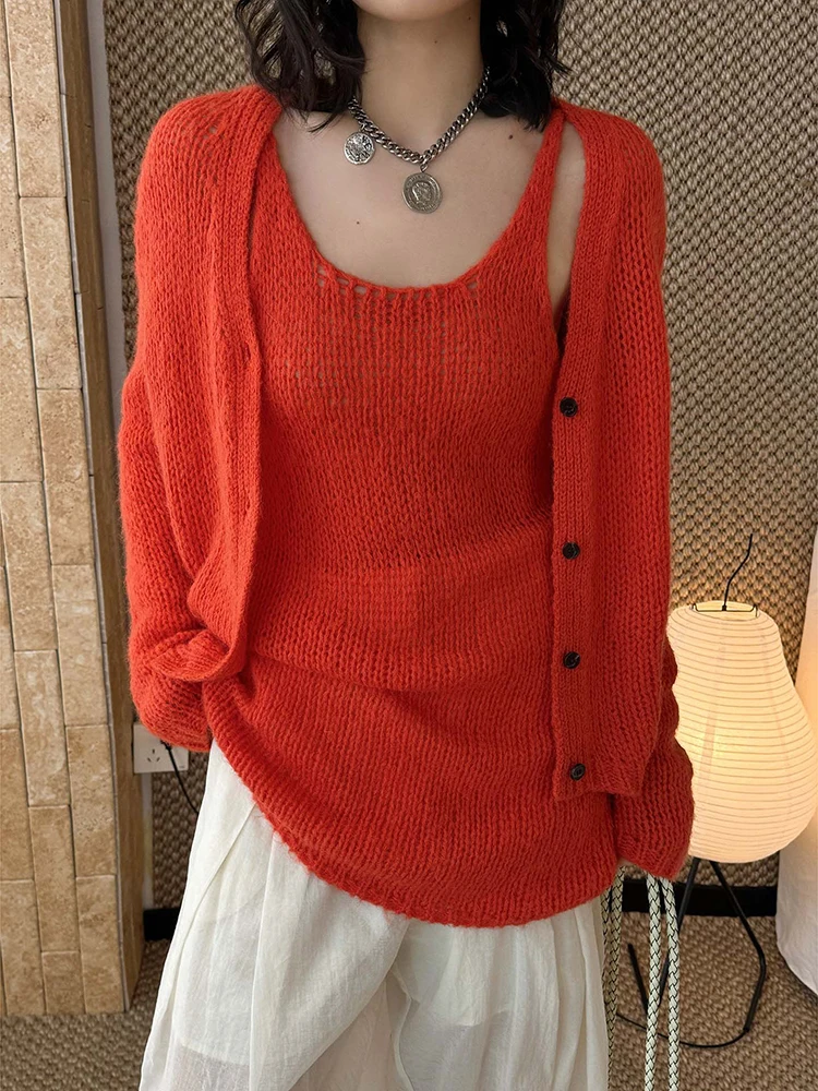 FANAN Office Lady Knitting 2 Piece Set For Women Round Neck Vest + Single Breasted Long Sleeve Loose Coats Female Clotting New
