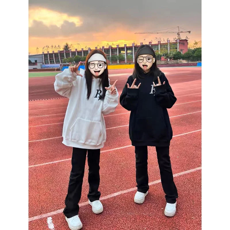 Street Sle Oversize Fce Hoodie Dames Herfst Winter Loose Fit Couple's Lazy Star Print Sweatshirt Casual bovenkleding