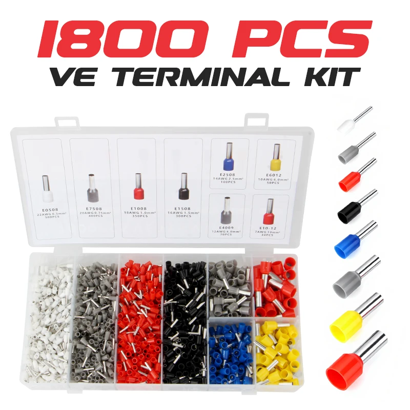 1800PCS VE Cord End Terminal Kit 8 Sizes Insulated Tubular Wire Ferrules Crimp Cable Connectors for Electrical Wiring