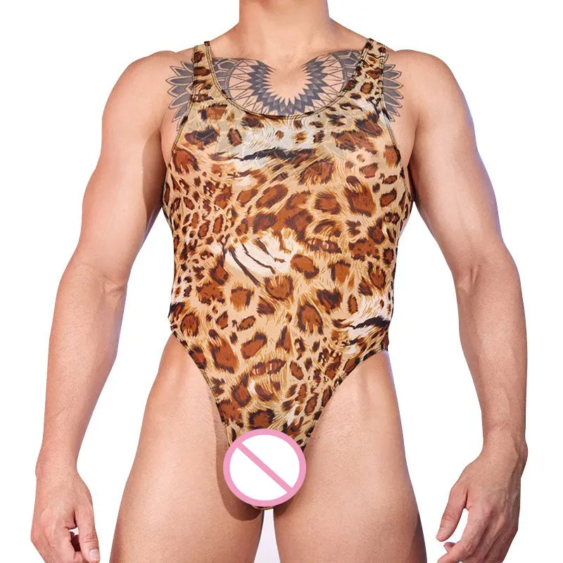 Fashion Leopard Print Men Bodysuit Nightclub Shaper Dance Wear High Cut Sleeveless Open Crotch Leotard Ultrathin Sheer Onesies