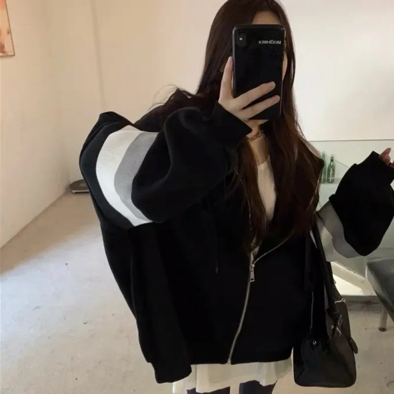 

Y2k Korean Style Hooded Zip-up Oversize Striped Sweatshirt Women Autumn Outerwear Long Sleeve Preppy Hoodies Harajuku Vintage