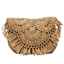 Sacos de palha artesanais com borla pequenos sacos de praia de Rattan de Raffia Bolsas de férias com ombro Crossbody Clutch, novo, verão, 2022